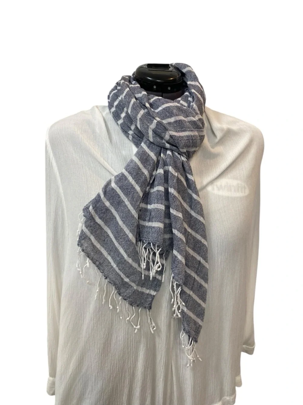 Gray and White Striped lightweight Gauzy Scarf with Fringe